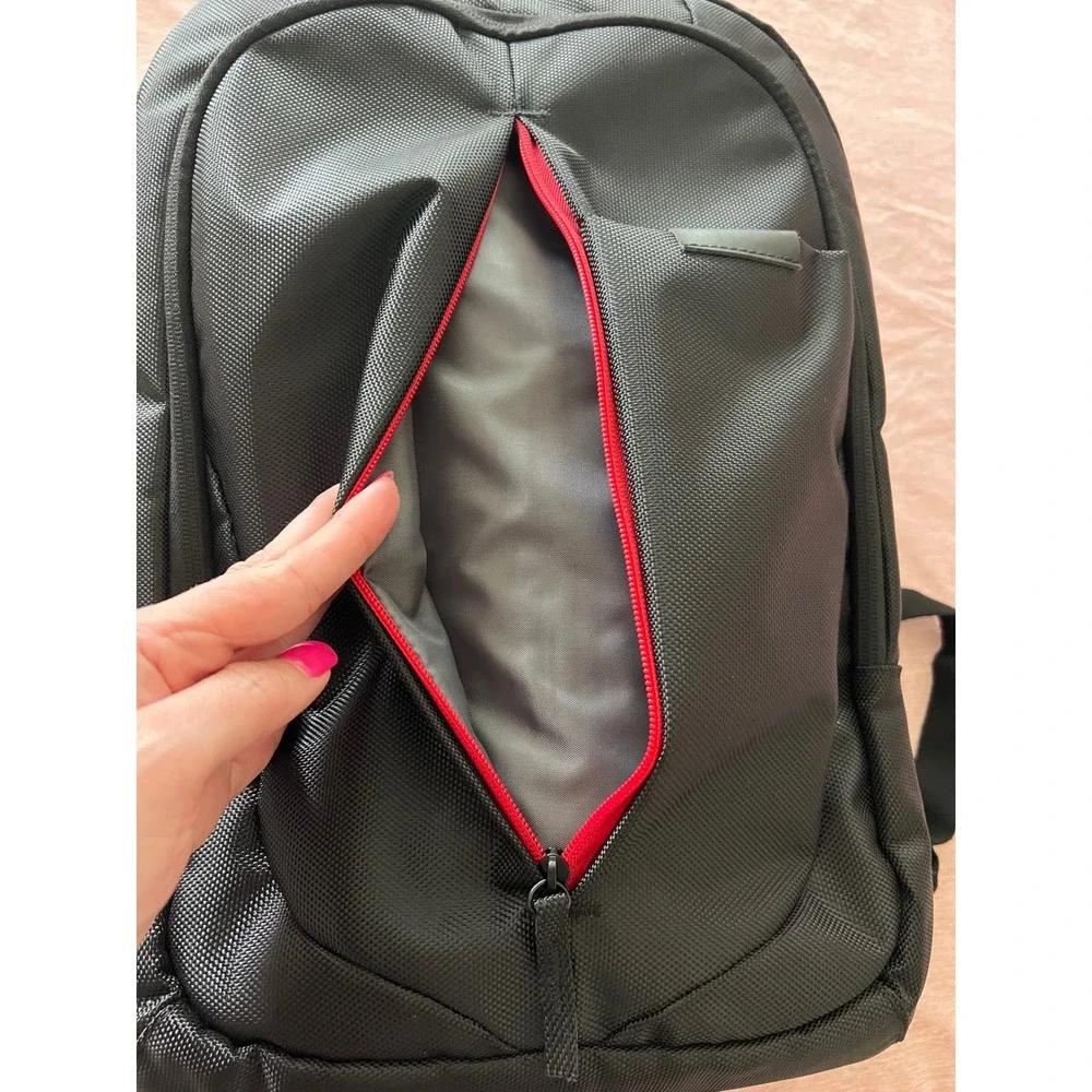 Black Ballistic Nylon Laptop Backpack‎ Red Accent Zip Padded Commuter Bag 18in